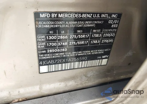 2001 Mercedes-Benz Ml 430 from USA, damaged, VIN 4JGAB72EX1A256590